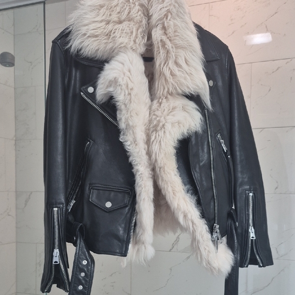 All Saints Jackets & Blazers - All Saints Black Leather Jacket with Cream Fur Trim